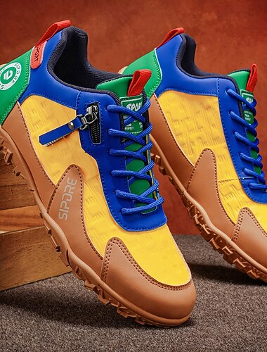  Baskets de sport pour homme, colorblock avec empiècements en similicuir, look sportif tendance, idéales pour les sports de plein air, le quotidien décontracté et les voyages.