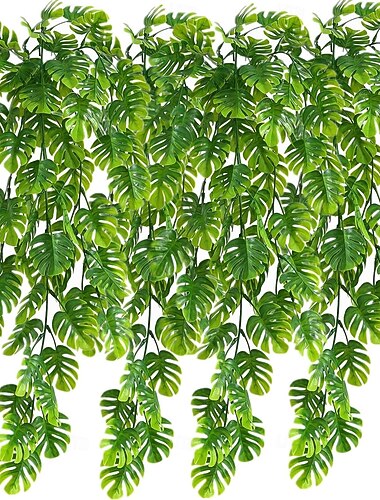  Confezione da 4 viti artificiali sospese, finte foglie di monstera, edera, foglie di giungla, piante di palma tropicale, rattan per piante da appartamento, interni, cucina, giardino, pareti esterne,