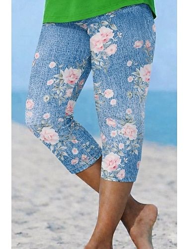  Dame Capri-bukser Leggings Ferie Mote Hawaiisk Kalv lengde Medium Midje Blomstret Grafisk Printer Komfort Myk Pustende Elastisk Avslappet Daglig Feriereise Blå Sommer Vår Normal
