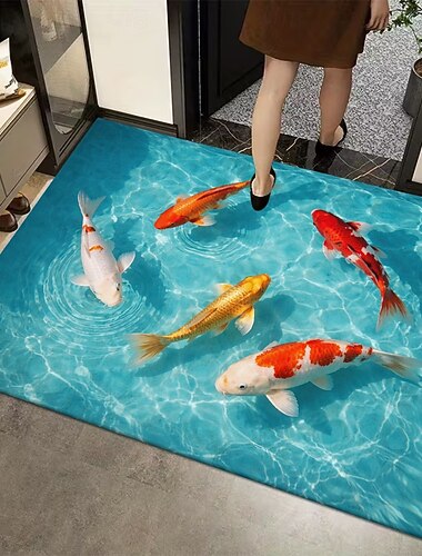  Fußmatte mit Koi-Teich-Motiv, 2D-Flachdruck, 3D-Optik mit Wasser- und Fischmotiv, strapazierfähiges Material, rutschfeste Unterseite, ideal für den Eingangsbereich