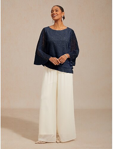  Dam Blus Spets toppar Illusion Ensfärgat Elegant Stylish Grundläggande Långärmad 3/4 ärm Klocka Rund hals Långa toppar Dagligen Bröllopsgäst Semesterkläder Marinblå Sommar Vår Höst