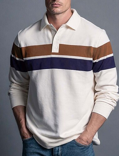  Herre Horisontale strimler Rugby Polo Langærmet Polo skjorter Skjorter med krave Afslappet udendørs Skole atletiktøj 3D-udskrivning Forår Efterår Vinter Blå Rød Brun