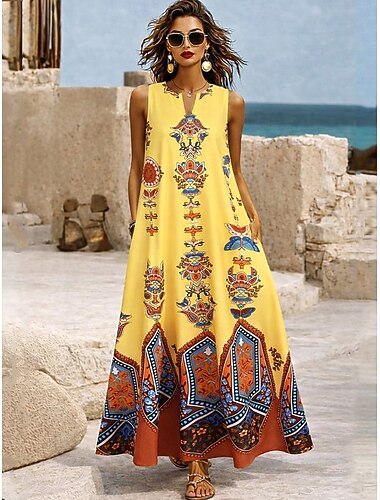  Dam Maxiklänning Solklänning A linjeklänning Sommarklänning Semester Ledigt Boho Dagligen Helgdag Lös passning Grafisk Stam Ärmlös V-hals Halterneck Blå Svart Gul Sommar Vår