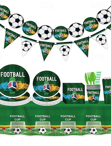  Fußball-Partyartikel für 10/20/30 Gäste, Fußball-Geschirrset mit Tellern, Servietten, Bechern, Tischdecke, Girlande, Popcorn-Eimern, Besteck, Einweg-Sportdekorationen für den Geburtstag