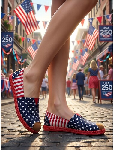  Dames USA 250 patriottische ballerina's - comfortabele blauw-wit gestreepte gebreide schoenen met sterrendetails voor de Amerikaanse Onafhankelijkheidsdag en parades. &zomer vakantiekleding