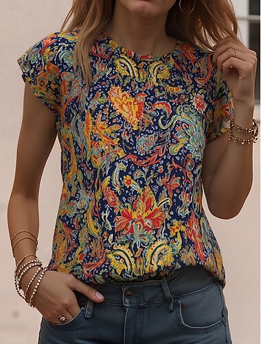  Dame T skjorte Trykt mønster Grafisk Dyr Årgang Stilfull Klassisk Kortermet Crew-hals Rund hals Vanlige topper Daglig Helg Rosa Brun Regnbue Sommer Vår