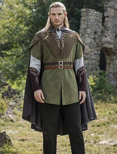  Set ancien Médiéval Renaissance Pantalon Cape Veste avec accessoires Manches longues Elfe Déguisement Homme Fantaisie Halloween Carnaval Foire de la Renaissance LARP Adulte Costume Toutes saisons