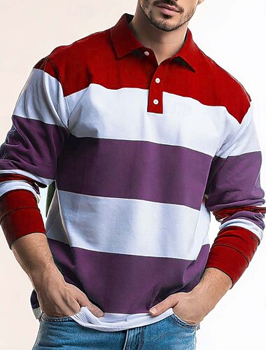  Voor heren Horizontale stroken Rugbypolo Lange mouw Poloshirt Overhemden met kraag Casual Buiten Sportkleding 3D-afdrukken Lente Herfst blauw Rood Bruin