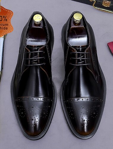  Chaussures habillées Oxford pour homme en cuir noir, bout rapporté, à lacets, idéales pour les mariages, le bureau, les banquets, les cérémonies du marié, l'église, les fêtes et les soirées élégantes.