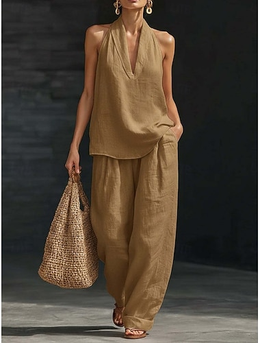  Femmes Ensembles de Pantalons Faux coton lin Sans manches Col en V Couleur Unie Mode Streetwear Occasionnel Quotidien Extérieur Bleu Noir Blanche Été Coupe régulière