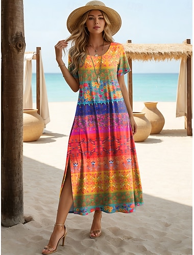  Damen Midikleid A Linie Kleid Lässig Täglich Strand Lässiger Schnitt Grafik Geometrisch Kurzarm Rundhalsausschnitt Blau Purpur Orange Grün Sommer Frühling