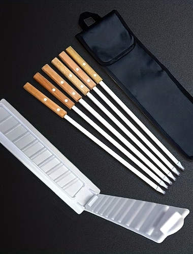  6 kpl ruostumattomasta teräksestä valmistettuja grillivartaita + 1 kpl lihanpuristusmuotti, pitkävartiset kebab-vartaat puisilla kahvoilla, grillaustarvikkeet ulkogrillaukseen ja keittiötarvikkeet