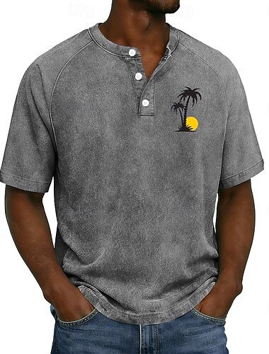  Homme Vintage Lavé Chemise en coton Haut Henley Hauts effet délavé vintage Manche Courte ancien Designer Occasionnel Occasionnel Quotidien Extérieur Été Printemps Toutes saisons Bleu Ciel Pourpre Gris