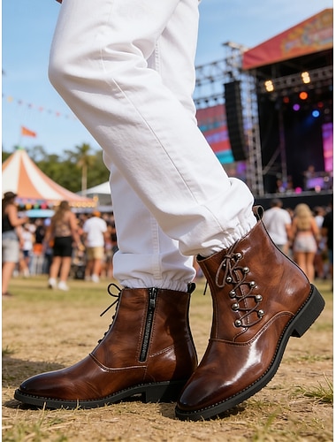  Bottines marron pour homme, fermeture éclair latérale et lacets, idéales pour les festivals de musique, les concerts, le streetwear, les événements en extérieur, les soirées et un style affirmé et décontracté.