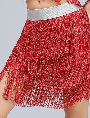  rødt glitterfrynset latinsk danseskjørt til dame