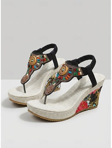  Glamoureuze zwarte sleehak sandalen voor dames - sprankelende platformhakken met kralenbandjes en een comfortabele strozool, perfect voor cruisevakanties en jachtfeesten. &zomerse avondkleding