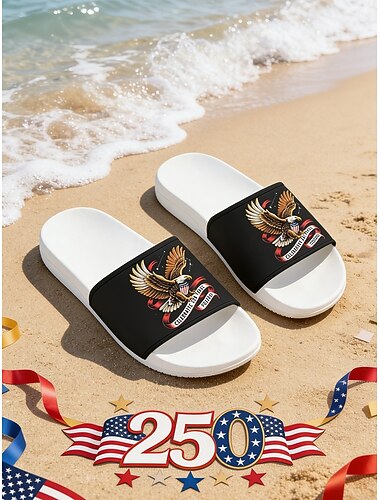  Grijze patriottische slippers voor dames – lichtgewicht strandslippers met adelaar en Amerikaanse vlag, perfect voor vakantie, zwembad, resort en casual zomerkleding.