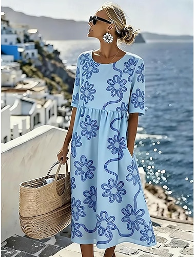  Per donna Abito Midi Abito a Tubino Vacanza Casual Boho Vestibilità regolare Floreale Grafico Mezza Manica Girocollo Blu Rosa Viola Verde Estate Primavera