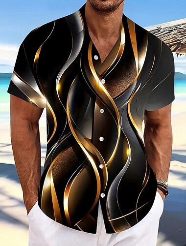  Herren Farbverlauf Linien / Wellen Abstrakte Kunst Hemd Knopfhemd Lässiges Hemd Kurzarm Modisch lässig Streetwear Urlaub Frühling Herbst Umlegekragen 3D-Druck Hemden mit Kragen Blau Schwarz Rote