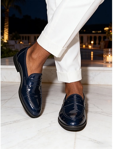  Herrepennyloafers i lakk i imitert skinn, blanke slip-on-pensko til kvelder på hotell, cocktailfester, antrekk til bryllupsgjester, luksuscruise og nattferier, smart og avslappet stil