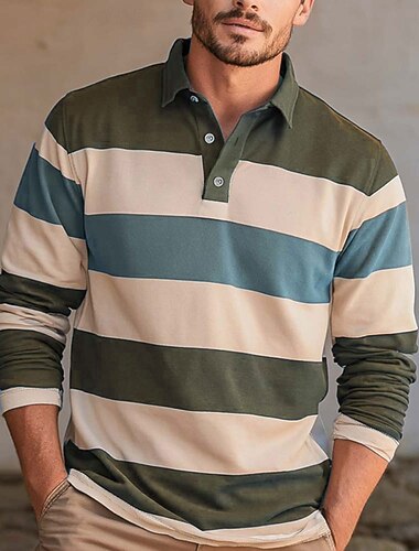  Herre Horisontale strimler Rugby Polo Langærmet Polo skjorter Skjorter med krave Sportstøj Afslappet udendørs Skole atletiktøj 3D-udskrivning Forår Efterår Vinter Blå Himmelblå Brun