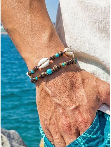  Heren boho 2-delige armbandenset, houten kralen, turkoois en schelp, strandvakantie en alledaagse casual stijl