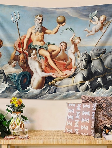  Neptun und Poseidon, griechische Götter, Mythologie, Streitwagen, Wandteppich, Vintage, Barock, Meeresnymphen, Ölgemälde, ästhetisch, großer Stoffbehang für Wohnzimmer, Schlafzimmer,