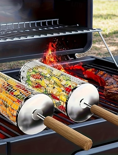  3-osainen ruostumattomasta teräksestä valmistettu grillivälinesarja puisilla kahvoilla (grilliteline, grillihaarukka, grillikoukku), raskaaseen käyttöön tarkoitetut kannettavat grillitarvikkeet