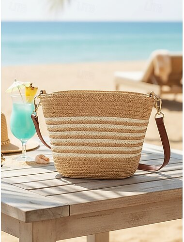  Dameveske i vevd strå, flerfarget stripedesign, justerbar stropp, miljøvennlig flettet materiale, stilig sommerveske, ideell for daglig bruk og feriereiser