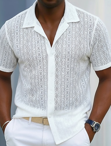 Per uomo Camicia Camicia Estiva Camicia con Bottoni Cardigan Bianco Manica Corta Testurizzato Moda Bavero Casuale Abbigliamento quotidiano Foro Abbigliamento Moderno Moderno Contemporaneo Casual