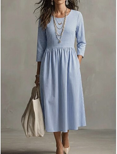  Pentru femei Rochii Midi Rochie casual Rochie din Bumbac Rochie A line Modă Modern Zilnic În aer liber Vacanță Fit regulat Dungi Lungime Manșon 3/4 Stil Nautic Albastru Deschis Vară Primăvară