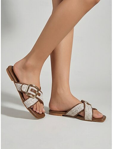  Chique bruine platte sandalen voor dames met gekruiste bandjes - comfortabele slippers met vierkante neus en gouden gesp. &Geweven textuurpatroon, ideaal voor strandvakanties en dagelijkse