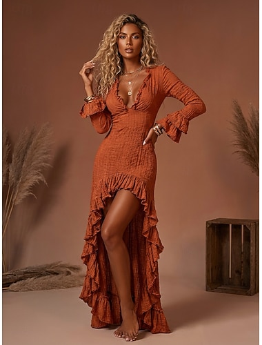  Dam Midiklänning Boho-klänning Västerländsk klänning Mode Modern Utomhus Helgdag Utekväll Normal Slät Långärmad V-hals Rödbrun Sommar