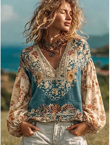  Kvinners Boho Bluse Lignende Lin Pustende Lett Floral Grafisk Elegant Bohemia Vintage Langermet V-Hals Vanlige Topper Daglig Ferie Patchwork Knapper Utskrift Blå Hvit Rosa Lyseblå Sommer