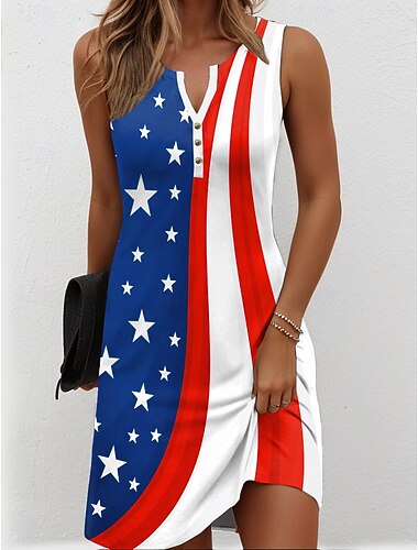  Amerikaanse onafhankelijkheidsdag Dames Mini-jurk Zonnejurk Zomerjurk Casual Dagelijks Feestdagen Normale pasvorm Grafisch Vlag Ster Mouwloos V-hals blauw Wit Rood Zomer