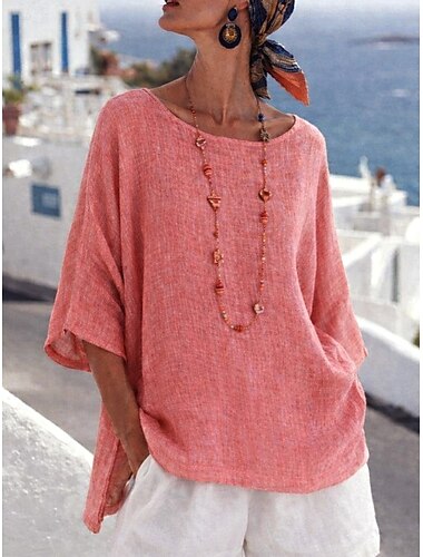  Dames Blouse Imitatie katoenlinnen Effen Kleur Stijlvol Casual 3/4 mouw Strakke ronde hals Normale tops Dagelijks blauw Geel Blozend Roze Paars Grijs Zomer Lente Herfst