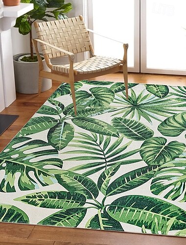  Tappeto con foglie tropicali, effetto cashmere, morbido, a pelo corto, lavabile, antiscivolo, verde botanico, per interni ed esterni, ideale per soggiorno, camera da letto e sala da pranzo.