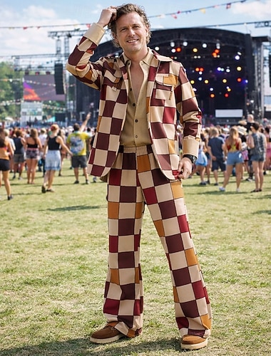  Set Rétro Vintage Années 1970 Pantalon Chemise Manches longues Hippie Disco Quadrillé / Guingan Déguisement Homme Halloween Carnaval Festival de Musique Soirée à thème rétro Adulte Chemise Pantalon