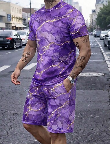  Herre Marmor 2stk T-skjorter sett Sommertopper Kortermet Korte bukser Crew-hals Sport Fritid trendy utendørs Feriereise Ut på byen 3D-utskrift Sommer Blå Lilla Grønn