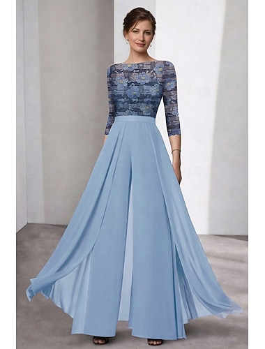  Byxor Golvlång Formell klädsel Klänning till brudens mor 3/4 ärm Båthals Elegant Vintage Formell Bröllopsgäst Kyrka Chiffong med Broderad