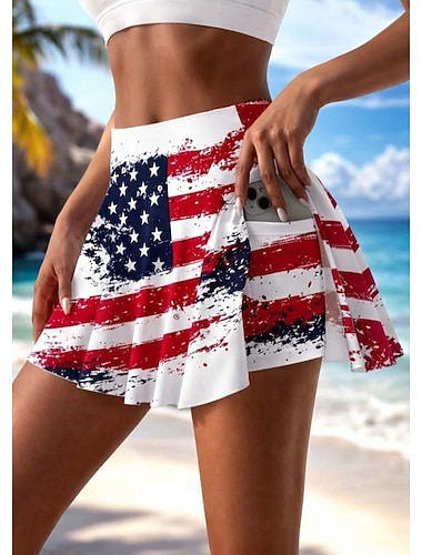  Patriotischer Rock zum Unabhängigkeitstag, Damen-Urlaubsrock, Tennisrock, modische hawaiianische Strandmode, Bikinihose, Minirock mit hohem Bund, grafisch, dehnbar, alltagstauglich, weiß und rot,