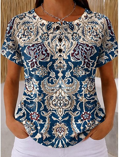  قمصان ويفل نسائية محبوكة ذات نسيج تي شيرت بلوك ألوان رسومية قبائلية أنيقة عتيقة كلاسيكية بأكمام قصيرة هينلي عادية يومية رياضية زرقاء خضراء  زرقاء سوداء صيفية ربيعية