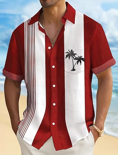  Herren Kokospalme Gestreift Tropische Pflanzen Sommer Hawaiihemd Knopfhemd Alohahemd Kurzarm Hawaiianisch Urlaub Sommer Frühling Umlegekragen 3D-Druck Hemden mit Kragen Eine Tasche vorne Blau Rote
