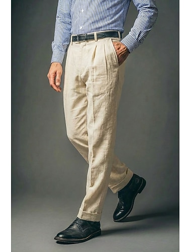  Pour des hommes Coton Lin Dress Pants works Pantalon décontracté Formel Réunion Léger Classique Décontracté Quotidien Vert Sauge Beige Été Pantalon Couleur Unie Coupe régulière Long Non Elastique