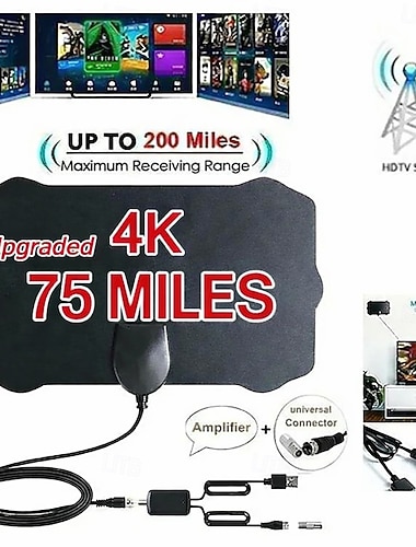  هوائي تلفزيون رقمي عالي الوضوح داخلي، هوائي تلفزيون ذكي بدقة 4K و1080p مع مُقوّي إشارة، مدى يصل إلى 75 ميلاً، موصل عالمي للقنوات المحلية المجانية ABC وCBS وNBC وFOX وPBS، سهل التركيب