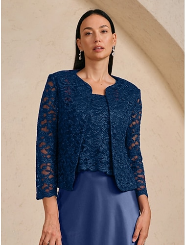  Damen Elegant Party Stilvoll Hochzeit Blumen Rundhalsausschnitt Normale Passform Oberbekleidung Marineblau Herbst Winter