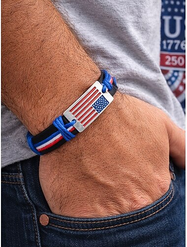  Verstelbare leren herenarmband met Amerikaanse vlag, gemaakt van echt leer, patriottische stijl, perfect voor de viering van het 250-jarig bestaan van de VS, Onafhankelijkheidsdag en als casual buitenkleding.