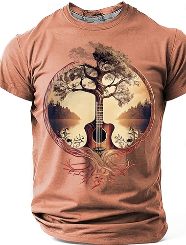  Herren-T-Shirt mit Akustikgitarren- und Lebensbaum-Motiv, Natur, Wurzeln, surreal, Musik, Kunst, Folk, Musiker, Geschenk, Sonnenuntergang, Landschaftsdruck, lässig, Kurzarm, Designerbekleidung, Größen