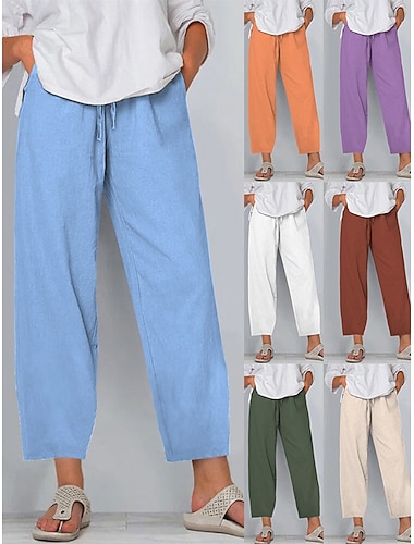  Dame Imitert bomullslin Bred Bukseben Bukser Uformelle bukser Ferie Mote Gatemote Full lengde Høy Midje عادي Lomme Elastisk midje Bekvem Uelastisk Daglig Feriereise Gate Hvit Rød Blå Oransje Sommer