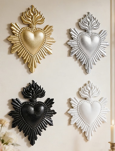  Decorazione murale vintage a forma di cuore sacro con fiamma, ornamento in resina da appendere, ciondolo a forma di cuore religioso retrò, decorazione murale multicolore per la casa, la chiesa,
